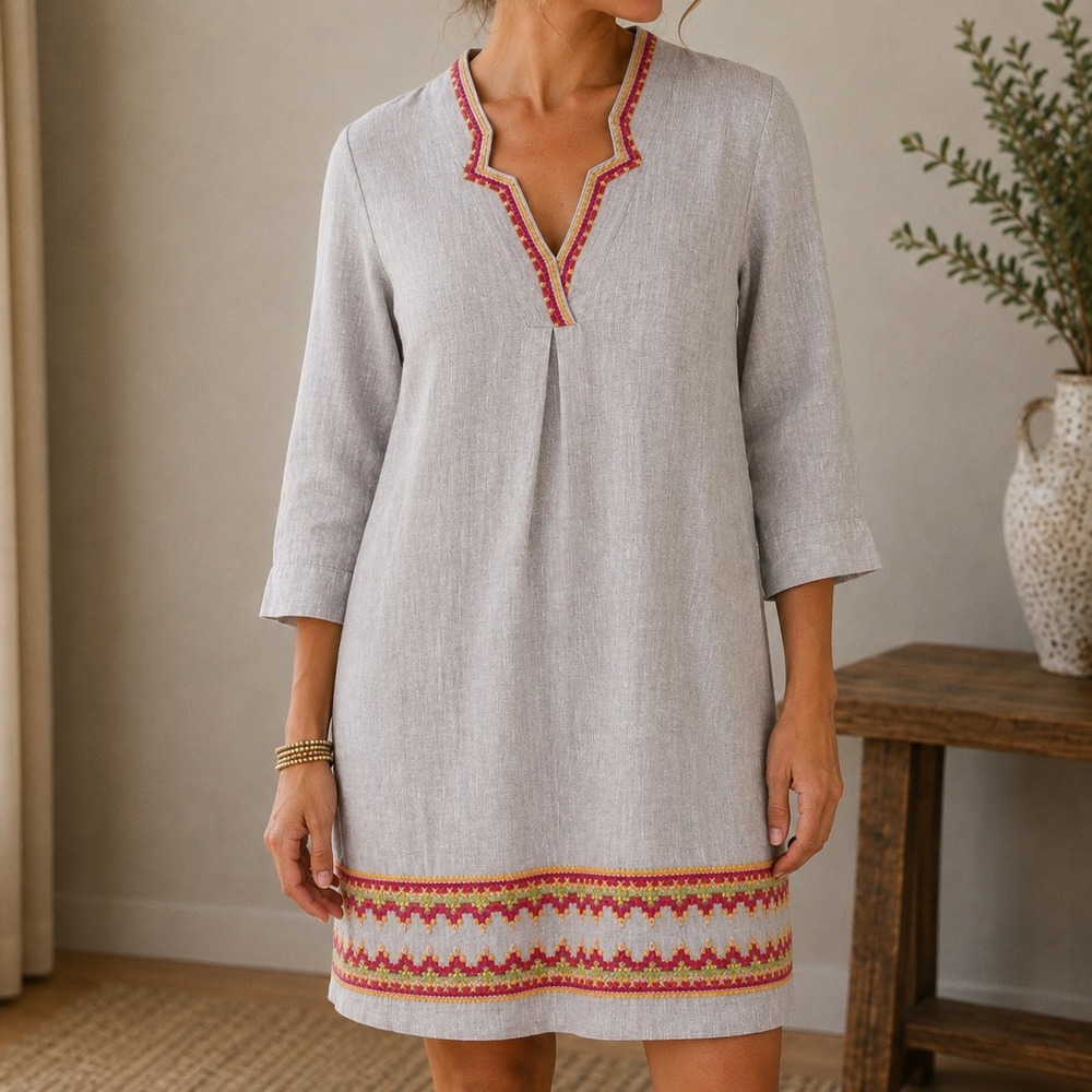 Uncle Frank Grey Taupe Linen Embroidered V-Neck Shift Tunic Dress Medium